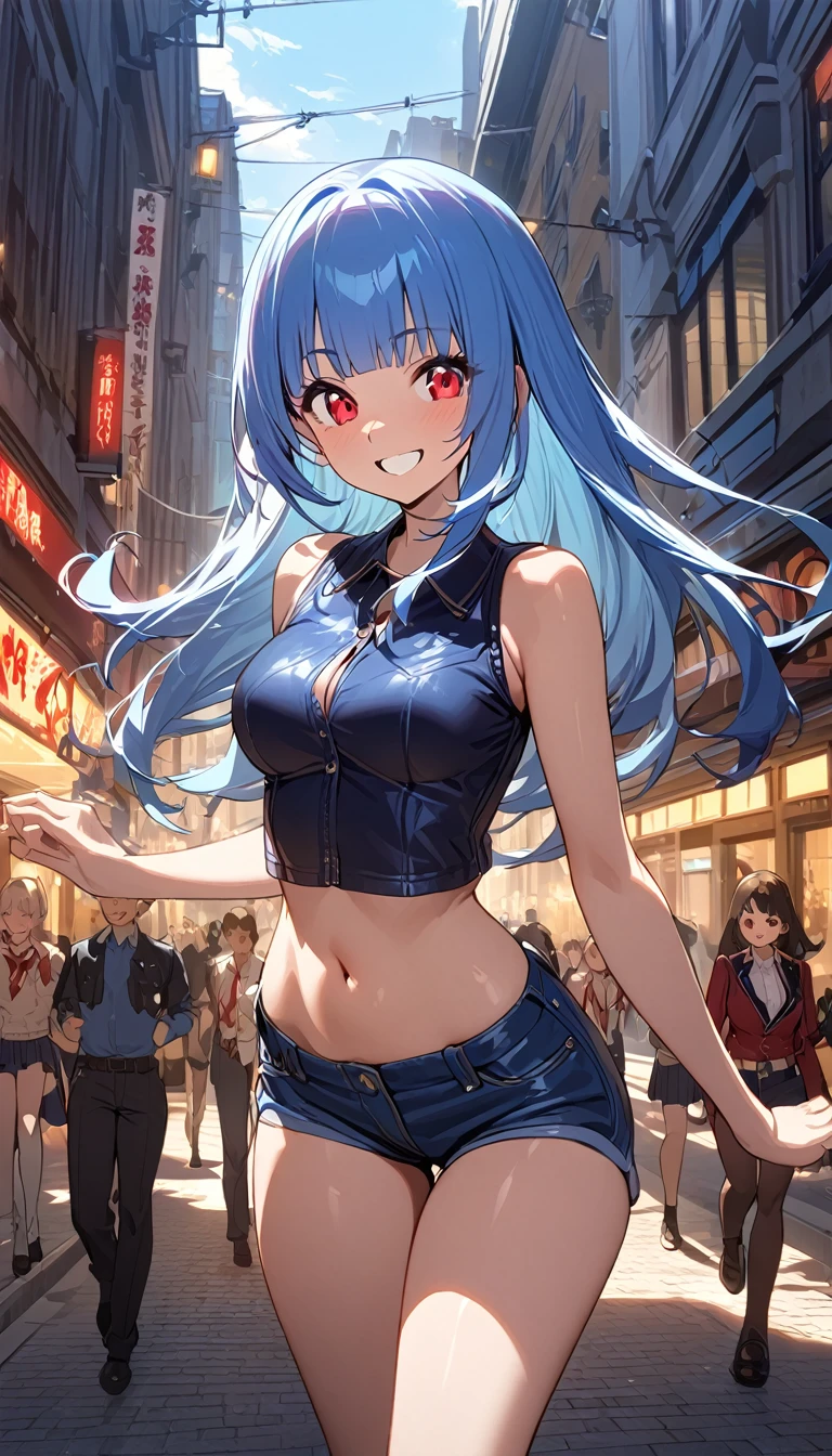 (masterpiece, top quality: 1.2), anime style, Super detail, Great lighting, (1 girl: 1.3), (High resolution:1.2),(masterpiece、premium:1.2),very detailed eyes,, perfect face, very beautiful female body, beautiful thighs, medium chest, good lighting, cowboy shot, Alone, 1 girl, (((happy face))), standing, Dynamic pose, walking around town, Look at the spectators, long blue hair, straight bangs, Eat Diamond (The King of Fighters)、Red eyes, short jeans, high thigh socks, cropped blouse, shows the navel, smiling happy, busy street in the background, schoolgirls in the background, schoolgirls walking in background