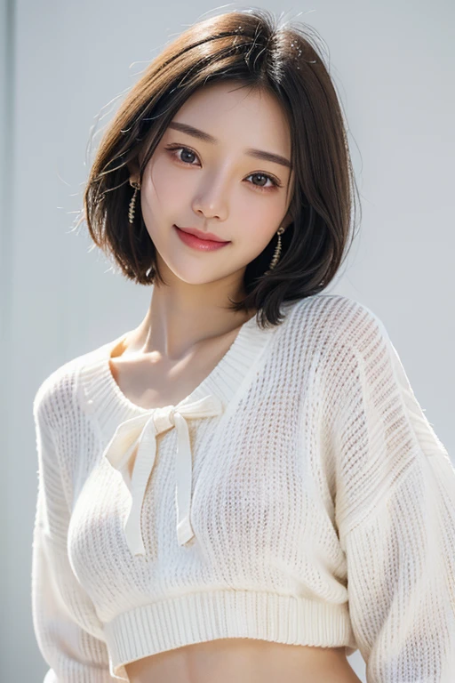 (2 Japanese girl,), (Small breasts:1.5,),(solo,,Textured skin, Detailed skin,Detailed face,Detailed eyes,detailed posing,Natural eyebrows,Sparkling Eyes,High detail, Highest quality, Super detailed, Surrealism, ,8k,RAW Photos,Photographicism,Professional Lighting,Portrait Photography,Soft Light),((Black Hair, Natural Makeup,Simple earrings, Bob Hair,ribbon,Smiling)),(((Light white summer sweater,Her underwear is visible)))