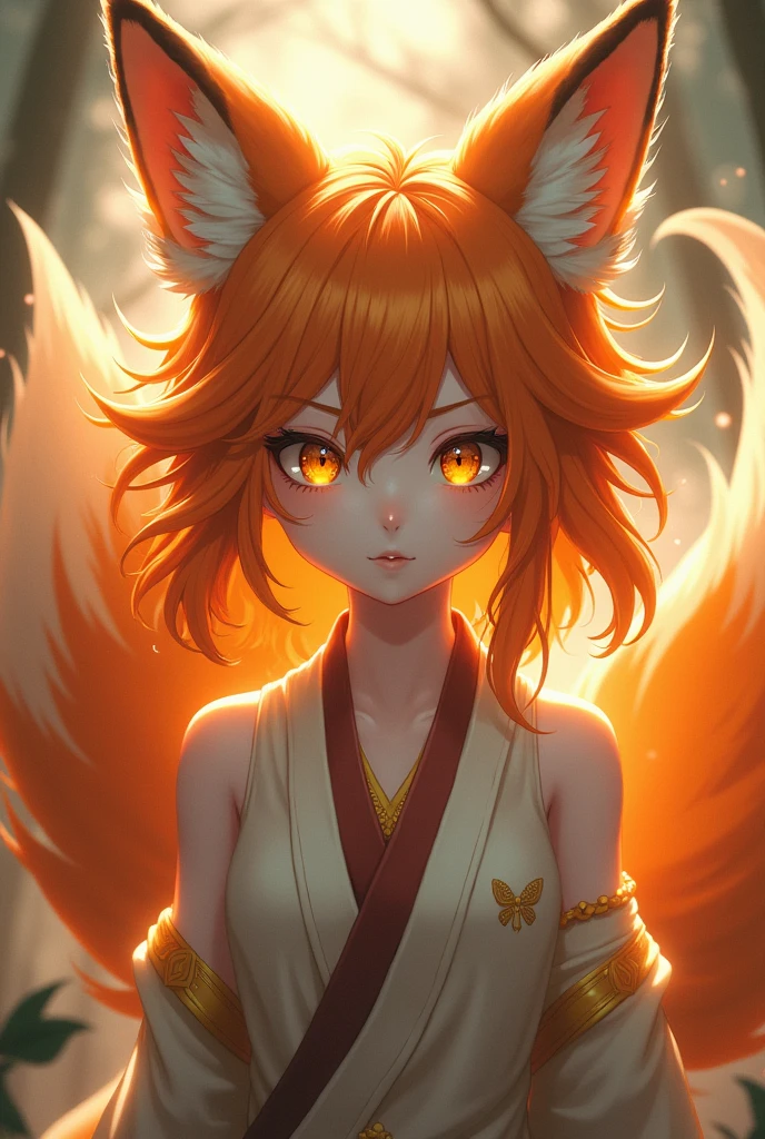 Nine-tailed orange-haired kitsune female, Yellow eyes and adorable appearance