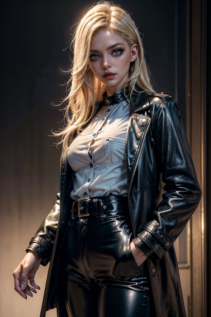 cowboy shot,a pretty 2 girl,blond hair,blue eyes,lora_Emma,slim athletic body,tight and stretched white blouse with buttons,button gap,short sleeves,pokies,ultra low rise black shiny latex pants,(double metal belt),empty studiobackground,((black leather coat)),(best quality,4k,8k,highres,masterpiece:1.2),ultra-detailed,(realistic,photorealistic,photo-realistic:1.37),dramatic lighting,cinematic,fashion photography,studio lighting,high contrast,vivid colors,beautiful detailed eyes,beautiful detailed lips,extremely detailed eyes and face,long eyelashes, (touching hair), (hand in pocket)