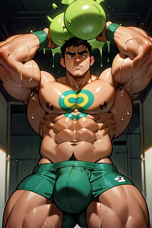 Danny Fenton from Danny Phantom animated series as a big dumb age muscular bodybuilder jock in a locker room flexing and staring blankly with mouth gaping open as his eyes glow green under hypnosis as he repeats, "Bigger... Dumber.... Must obey.... More like a jock bro every day.... Yes, Coach. I obey. Huhuhuhuh.... Sweaty brutes must obey.... Sweaty brutes do what you say.... Big ... sweaty ... musky jock bro.... Can't think.... Head ... foggy.... Huhuhuhuh...." in deep mindless emotionless voice with fellow hypnotized jocks to forget about catching ghosts and focus instead on training his body and obeying his coach. Mouth dropped open. Hyper swollen bulging crotch. Hyper muscles. Toned muscles. 5% body fat. Steam rising from armpits and shoulders. Big biceps. Big triceps. Broad shoulders. Big traps. Big lats. Big meaty pecs. Massive deltoids. Six-pack abs. Spherical glutes. Brainwashing. Hypnosis. Hypnotized. Bro. IQ drain. Dumber and dumber. Meathead. Musclehead. Mindless. Hypno. Mind control. Brain drain. Entranced. Brute. Brutification. Brain drain. brainwashed. brainwash. Meathead jock bro assimilation. Mindless. Brainless. Empty stare. Hairy pecs. Hairy armpits. Treasure trail.