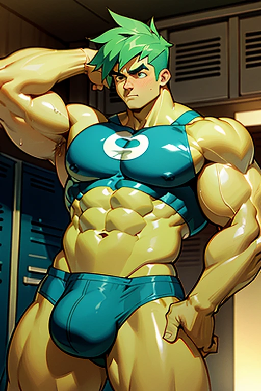 Danny Fenton from Danny Phantom animated series as a big dumb age muscular bodybuilder jock in a locker room flexing and staring blankly with mouth gaping open as his eyes glow green under hypnosis as he repeats, "Bigger... Dumber.... Must obey.... More like a jock bro every day.... Yes, Coach. I obey. Huhuhuhuh.... Sweaty brutes must obey.... Sweaty brutes do what you say.... Big ... sweaty ... musky jock bro.... Can't think.... Head ... foggy.... Huhuhuhuh...." in deep mindless emotionless voice with fellow hypnotized jocks to forget about catching ghosts and focus instead on training his body and obeying his coach. Mouth dropped open. Hyper swollen bulging crotch. Hyper muscles. Toned muscles. 5% body fat. Steam rising from armpits and shoulders. Big biceps. Big triceps. Broad shoulders. Big traps. Big lats. Big meaty pecs. Massive deltoids. Six-pack abs. Spherical glutes. Brainwashing. Hypnosis. Hypnotized. Bro. IQ drain. Dumber and dumber. Meathead. Musclehead. Mindless. Hypno. Mind control. Brain drain. Entranced. Brute. Brutification. Brain drain. brainwashed. brainwash. Meathead jock bro assimilation. Mindless. Brainless. Empty stare. Hairy pecs. Hairy armpits. Treasure trail.