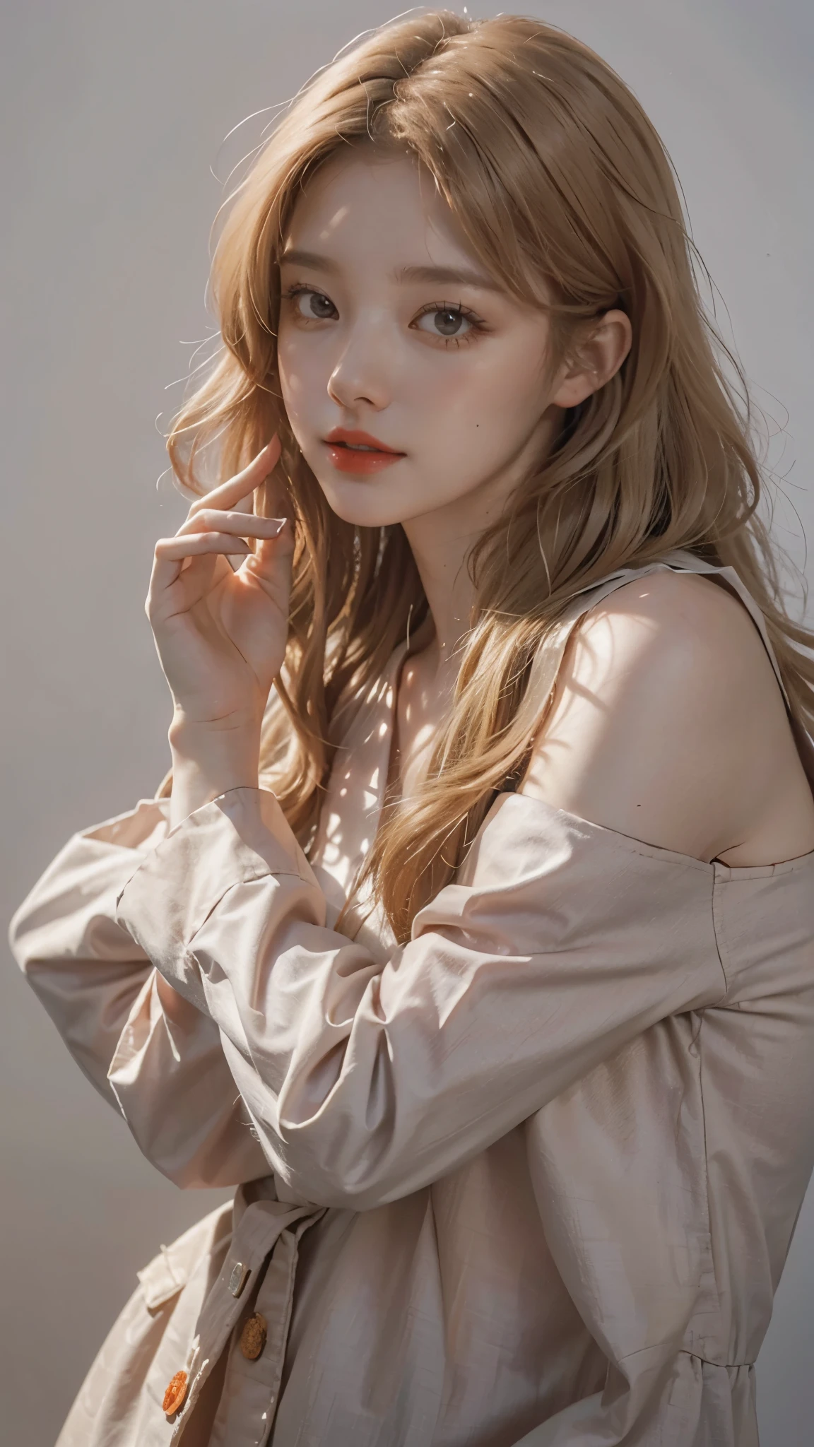 Girl wearing, luxury orange coat, shoulder length hair, wavy hair, glowing skin, star in eye, red lips, grey background, cute poses , upper body, light blonde hair.