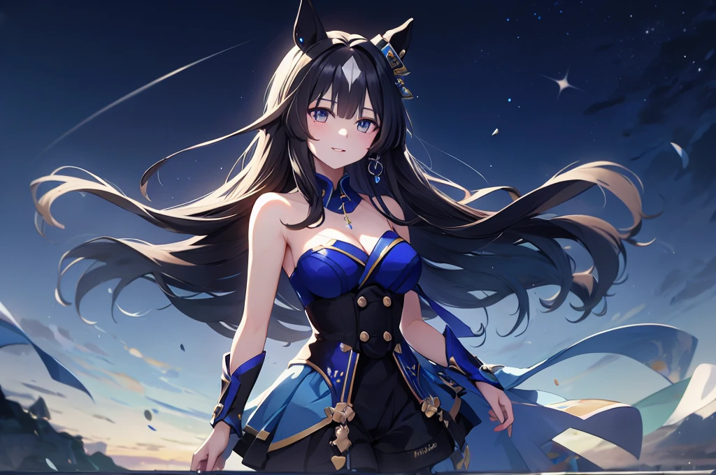 masterpiece、Highest Resolution、Highest quality、Highest quality、high quality anime、sharp、sharp効果、sharp塗り、sharp化、solo。Adult woman with horse ears。Blue Dress、Blue shoulderless dress。brown shorts、Brown pantyhose。Large light blue cloak。Moonlit night starry sky background、breeze、Chest centered。Dark lipstick、Grinning face、Beautiful breasts、Touch your head with your hand。Brown Eyes。Brown Hair、Long Hair、Half Twin、Half Up。hair ornaments。
