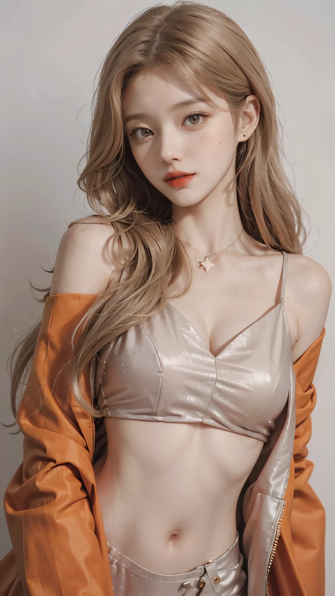 Girl wearing, luxury orange coat, shoulder length hair, wavy hair, glowing skin, star in eye, red lips, grey background, cute poses , upper body, light blonde hair.