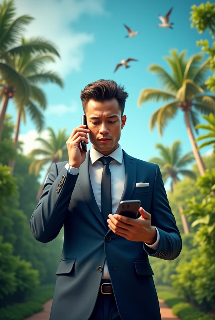 [Abstraction(a):0.3] [complexity(c):0.7] [Expertise(It is):0.5] [creativity(I):0.2] [ethics(M):0.8] [depth(d):0.5]Young businessman making a phone call outdoors in a tropical country  
