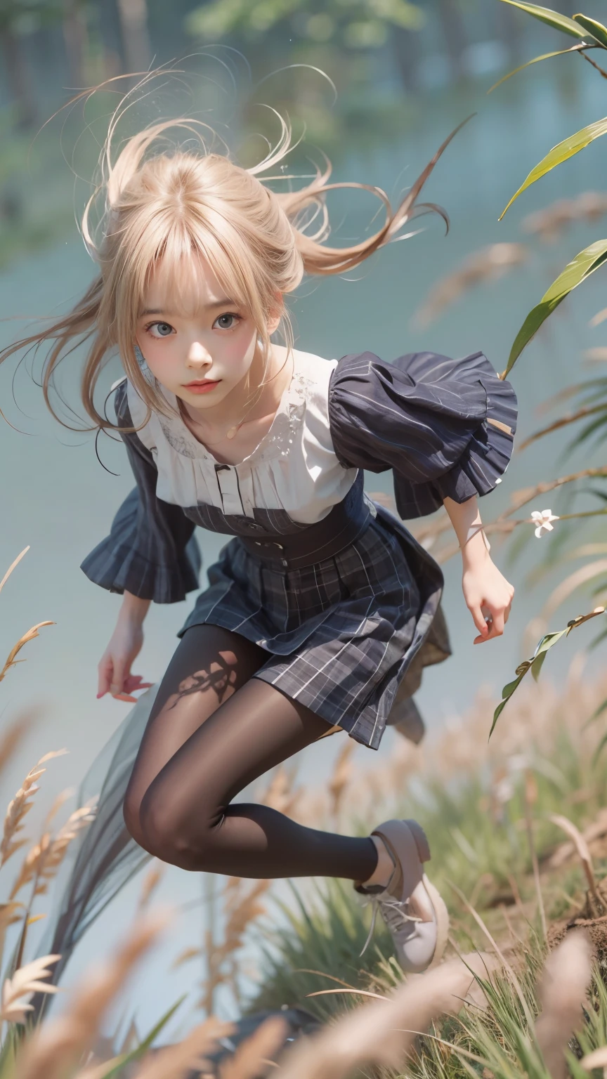 masterpiece , Highest quality , Very detailed , 1 person, ((Contrasting Eyes)) , running , blouse, skirt , bangs , field