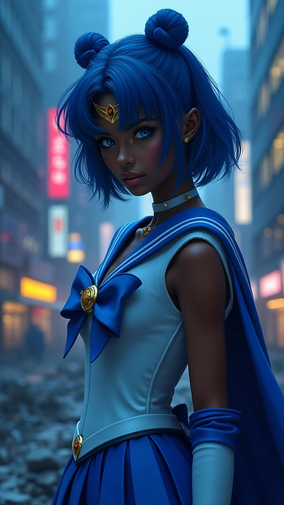 Sailor Mercury with blue hair and a blue cape on her head, (dark ebony skin:1.4),(fondo ciudad destroyed apocalypse Tokio noche :1.4), artgerm jsc, portrait knights of zodiac girl, extremely detailed artgerm, ross tran 8 k, in the style of ross tran, artgerm julie bell beeple, by Ross Tran, ross tran style, alena aenami and artgerm, inspired by Ross Tran, high quality, (RAW photo, best quality), (realistic, photorealistic: 1.4), (extremely delicate and beautiful: 1.4), amazing, fine details, masterpiece, ultra detailed, high resolution, best illustration, best shadow, intricate, ( extremely intricate: 1.2), (exquisitely detailed skin), cinematic light, perfect anatomy, (cool color: 1.4), sharp focus, 8k UHD, DSLR, (Fujifilm XT3),(dark ebony skin:1.4),( iluminación cinematográfica :1.4), ,(Fondo de ruinas de mazmorra en ruinas Tokio cyberpunk :1.4 ),( pose americano :1.4), (Sailor Mercury :1.4), (un uniforme con falda de color azul y moños celestes:1.4) .(85mm F/1.4), (distintas extensiones de rostro :1.4), (hermosa mujer belleza una diosa de la naturaleza :1.4), Epic Fantasy Art Style HD, 4K fantasy art, epic fantasy digital art style, epic fantasy art style, Fantasy Woman, epic fantasy art portrait, Epic fantasy style, hyperrealistic fantasy art, hd fantasy art, Epic fantasy character art, epic fantasy art, in style of dark fantasy art, epic fantasy digital art, (Sailor moon Mercury:1.4), (Sailor Mercury V2.1), (pose medio cuerpo:1.4 )