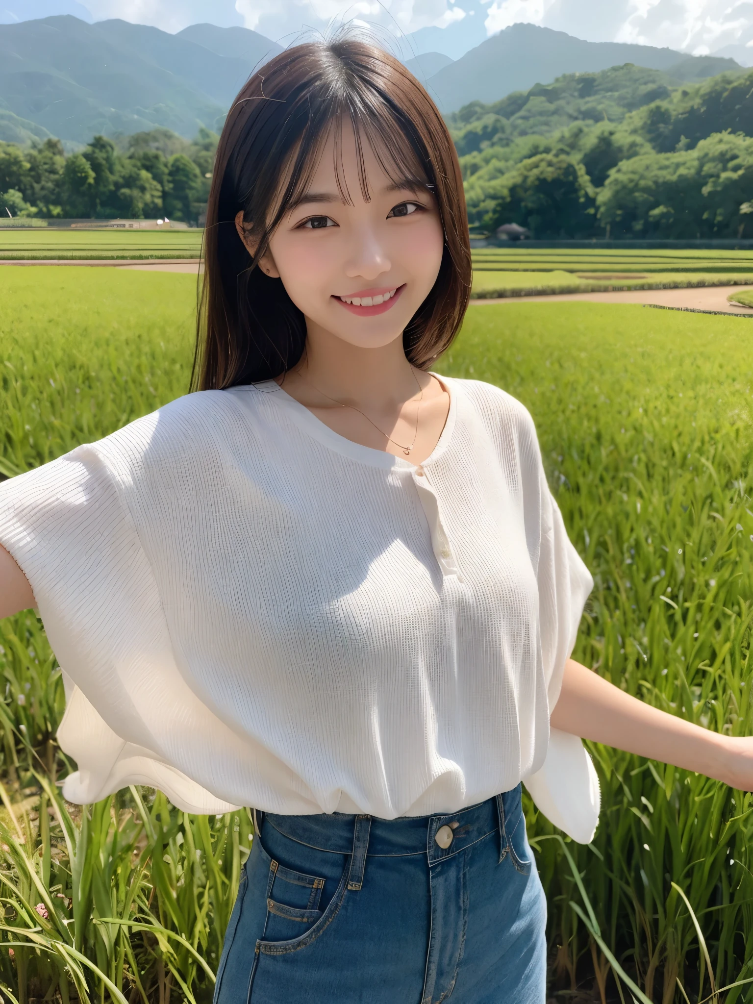  1girl, solo, highres, best_quality, masterpiece, detailed_background, intricate_details, beautiful, nara, asuka_village, rice_fields, nature, modernfashionable_clothes, smile, looking_at_viewer, dynamic_pose, natural_pose, candid, happy