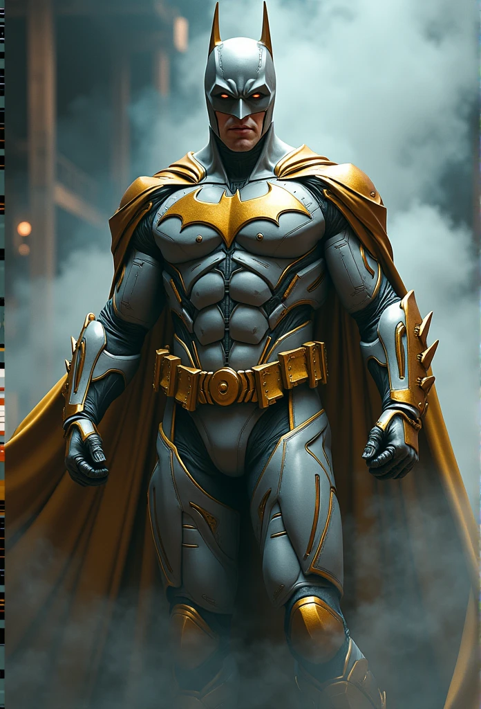 (Extremely detailed and realistic CG, master part, Best Quality, ultra detailed) Batman in gold and white suit, (better lighting, best shadow, an extremely delicate and beautiful), dynamic angle, atmospheric cinematic, mechanic, billowing smoke, vapor, vibrant colors.