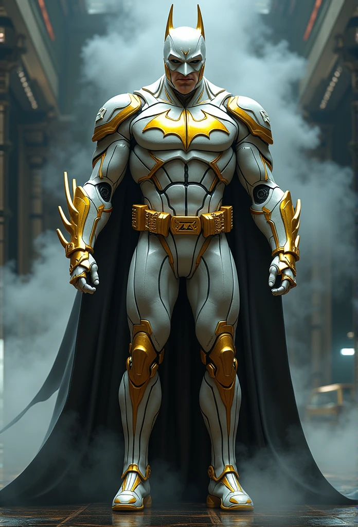 (Extremely detailed and realistic CG, master part, Best Quality, ultra detailed) Batman in gold and white suit, (better lighting, best shadow, an extremely delicate and beautiful), dynamic angle, atmospheric cinematic, mechanic, billowing smoke, vapor, vibrant colors.