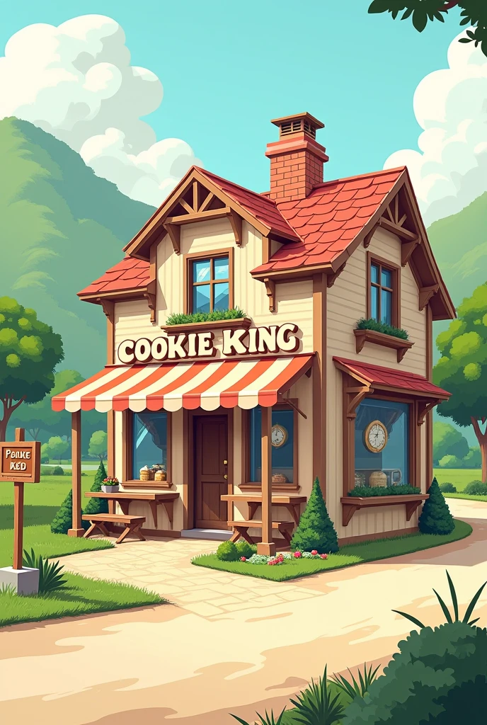 Design a small cookie shop front, no people in the picture. The shop is located on the side of the road. The shop's name is Cookie King. Use line drawings, like a drawing. I want the shop to be longer than this, with a place to sit and wait.