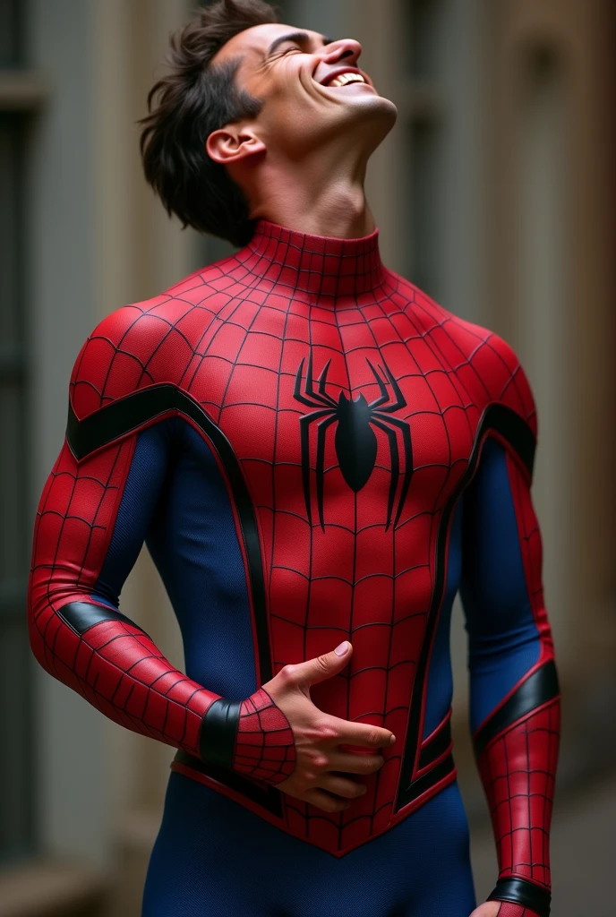 Peter Parker dressed in the Spider-Man costume, but the suit is open, being possible to see his entire abdomen and his underwear. His male genitals are out as he touches it with one hand.. Peter has his head tilted back a little. Your face reflects sexual pleasure