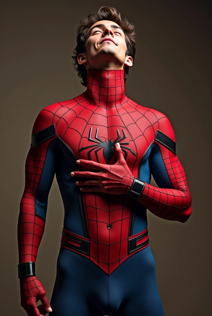 Peter Parker dressed in the Spider-Man costume, but the suit is open, being possible to see his entire abdomen and his underwear. His male genitals are out as he touches it with one hand.. Peter has his head tilted back a little. Your face reflects sexual pleasure