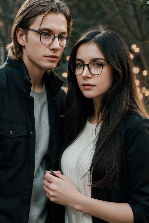 Romance book cover, with the name Flow of time Young adult couple Tall blond boy, wears glasses girl has long black hair and she wears glasses Background with universe depicting time