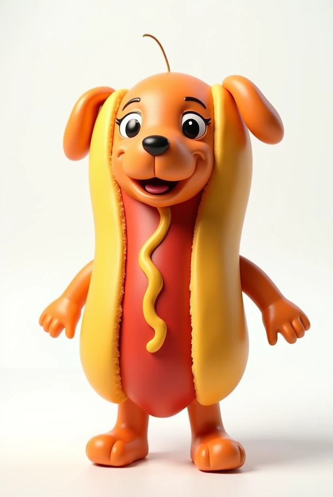 not cuphead style!! a funny hot dog mascot doll with arms and legs on a white background, but the hot dog in fact the sausage would be a dog of the cofap breed