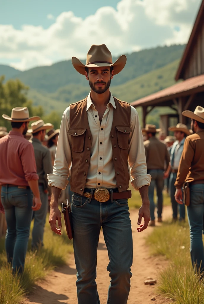 A handsome young man with a skinny, handsome face and no beard is welcomed at a cowboy party on the farm with many handsome men around him.