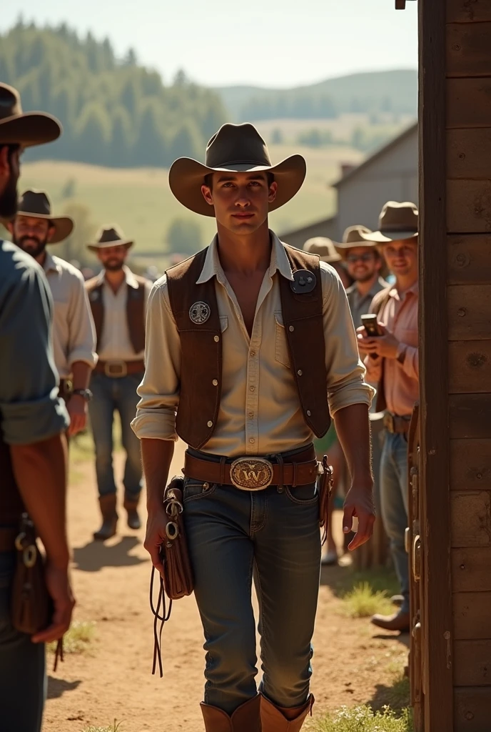 A handsome young man with a skinny, handsome face and no beard is welcomed at a cowboy party on the farm with many handsome men around him.