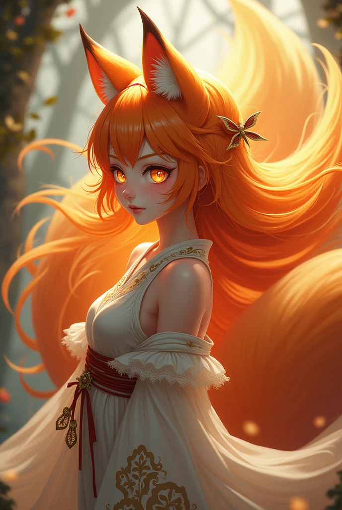 Nine-tailed orange-haired kitsune female, Yellow eyes and adorable appearance