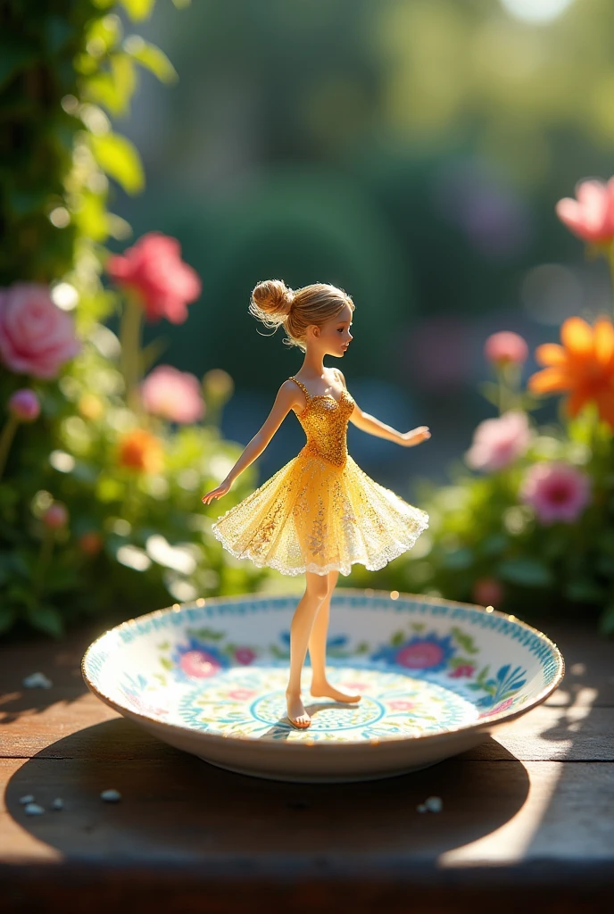 A delicate miniature girl-like figure, fashioned from colorful glass, twirling on an intricately painted porcelain plate, set in a quaint, fairy-tale garden with vibrant flowers and ivy- covered walls. The plate's ornate designs add a touch of elegance, while the garden blooms in a riot of colors, illuminated by soft, dappled sunlight. The figure's pose exudes grace and enchantment, with reflections of light playing off the glass to create a mesmerizing effect. Created Using: fairy-tale aesthetics, close-up photography, vibrant color palette, soft focus, detailed craftsmanship, hd quality, natural look -ar 16:9 –