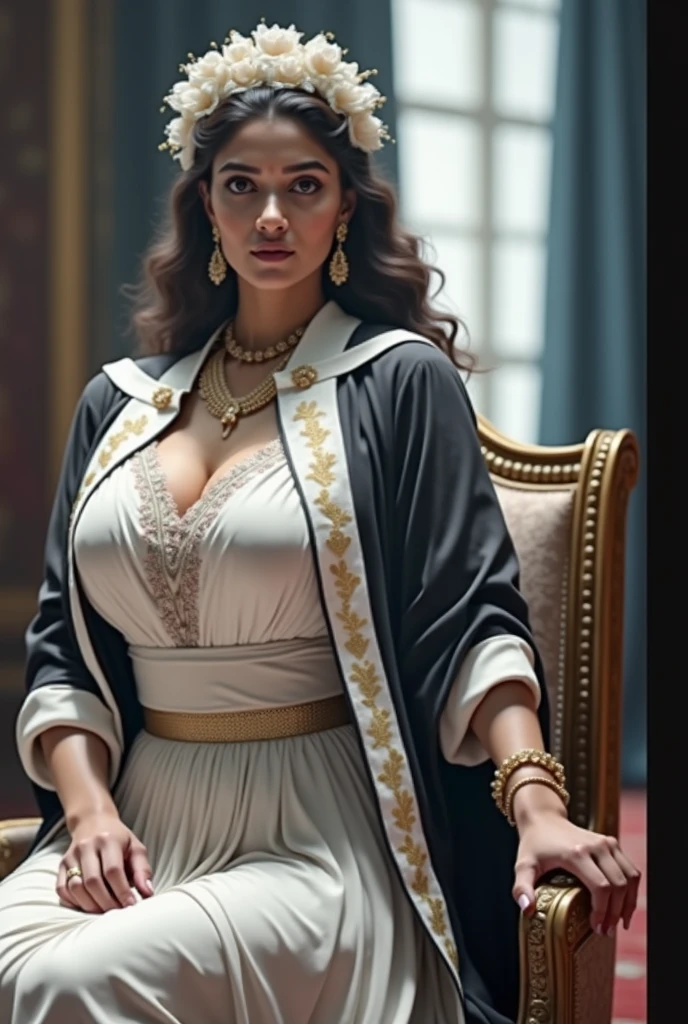 6 ft big breasted average beautiful sri lanakan wealthy age 25 girl in maharani dress. Wearing Academic regalia.well educated.sit in chair with big breasts, big butt,slim stomach.red colour dress 