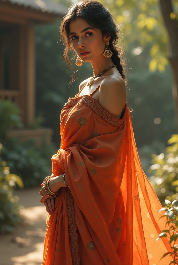 (photorealism:1.2), beautiful woman, wearing saree, which is falling from shoulder, shoulderless, standing, posing straight, simple lighting, outdoor, realistic, Simple colors