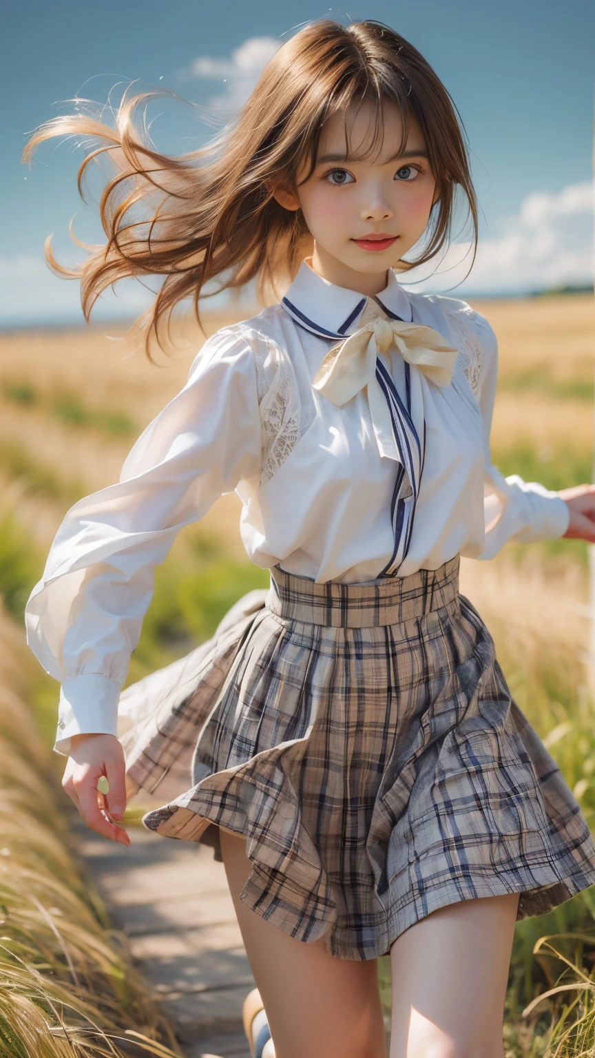 masterpiece , Highest quality , Very detailed , 1 person, ((Contrasting Eyes)) , running , blouse, skirt , bangs , field