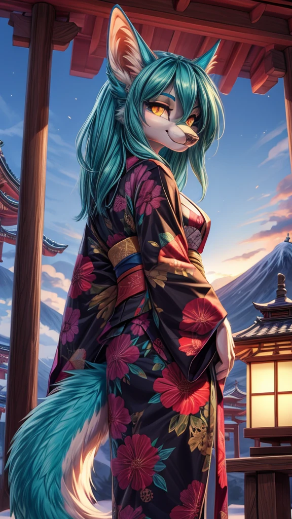 (masterpiece, best quality)), (anthro furry:1.3, snout:1.2, anthro:1.3, furry:1.2, closeup:1.2, solo female:1.2, neckline, leaning forward, half-closed eyes, smug smile), black jackal, jackal anthro, bottomwear, japanese shrine, female Focus, slave, submissive, submissive female, surprise, snout, claws, tail, low angle view, looking at the viewer, glowing pink eyes, aqua body, aqua hair, hypnoMasterpiece Best quality, the best definition to add aesthetic and lighting details, teen girl, ,black body, japanese shrine landscape mt fujisan al fondo add_detail, golden tattoo body, sensual eyes, yellow pupil, glowing eyes,tiene una cola peluda desde la base del coccis add_detail, mira sobre de su ombro, kimono outfit