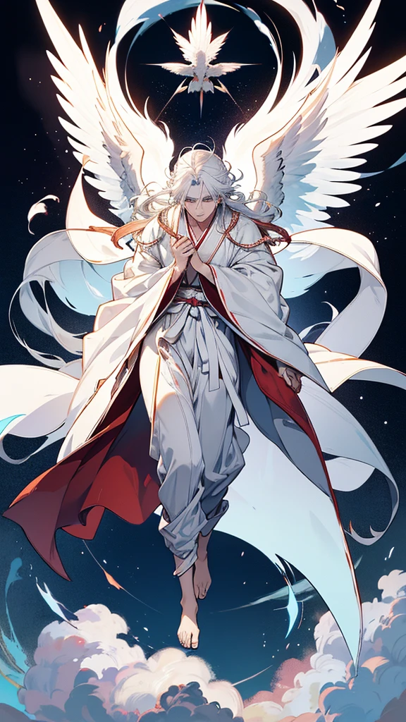 With white hair and white wings、Anime character wearing a white robe, White-haired God, Flowing white robes, White Wings, Big white glowing wings, Gwaiz, White Cape, Cotton Cloud Mage Robe, by Shimo, Feathered Robe, Wearing a loose robe, Detailed Anime Character Art, ((wearing a noble robe)), wearing a haori, long White Cape