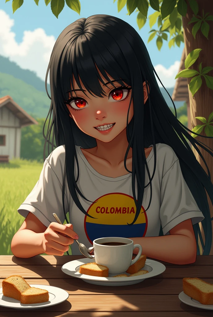 young girl black hair red eyes pointy teeth eating coffee with bread wearing a Colombia t-shirt on a farm 