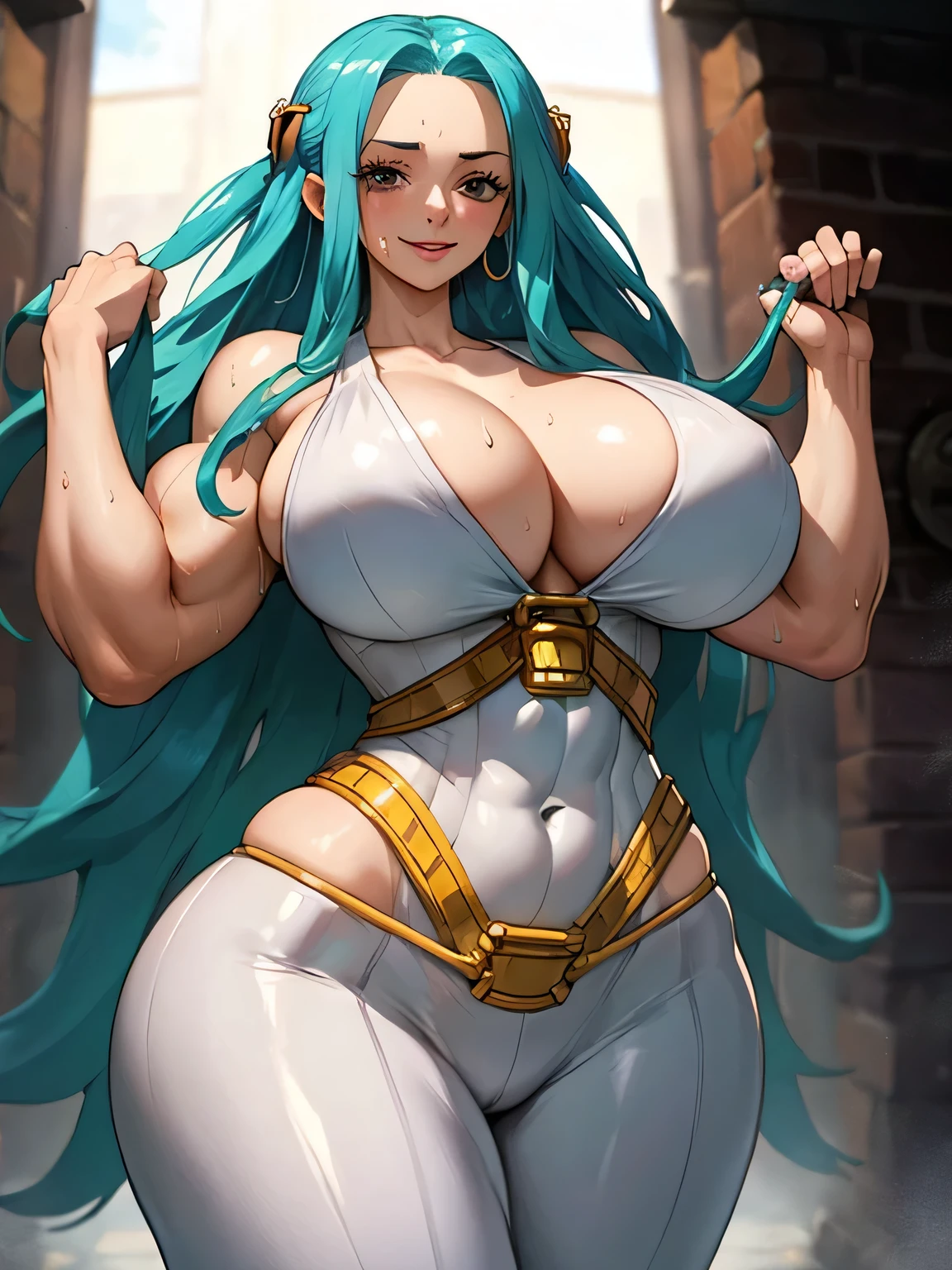 masterpiece,One Piece_Nefertari Vivi ,best quality,One Piece_Nefertari Vivi dress, (gigantic breasts:1.7),(muscle:1.5),in dungeon, looking at viewer, cowboy shot,green hair, curvy, bule eyes,a female tyrant with a penchant for torture,fog,drenched in sweat,pink cheeks,shiny suit ,smile without opening her lips,goden light,balanced eyes,plump body,jewelry,,Detailed fingers ,round breasts,1 hand rubbing chest,1 hand supports chest

