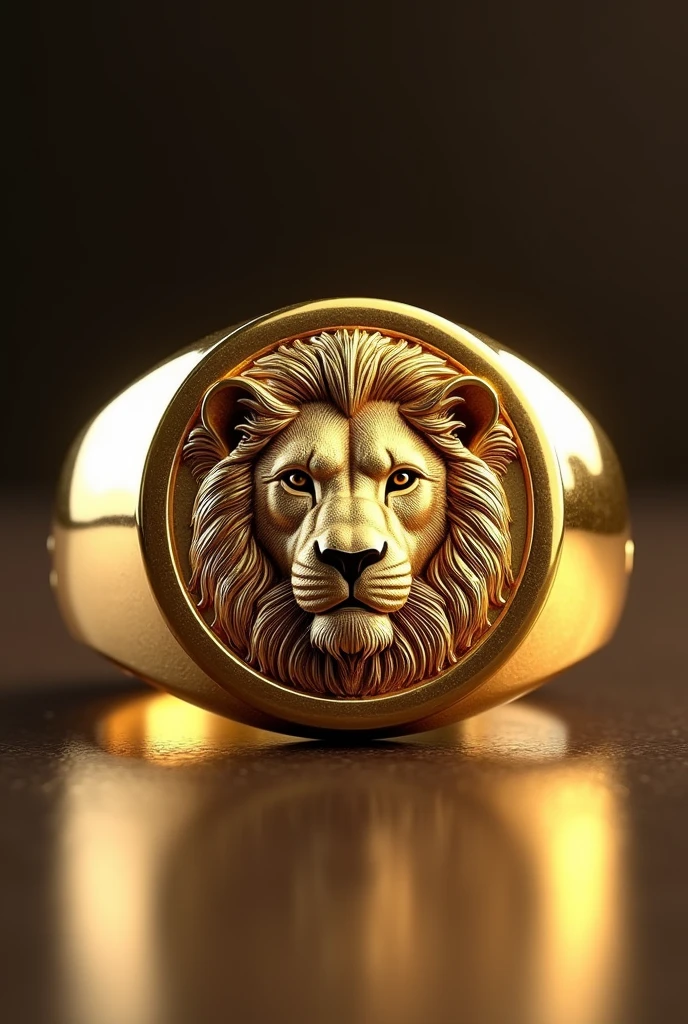 Make me a gold-colored ring for men with the surface the image of a lion