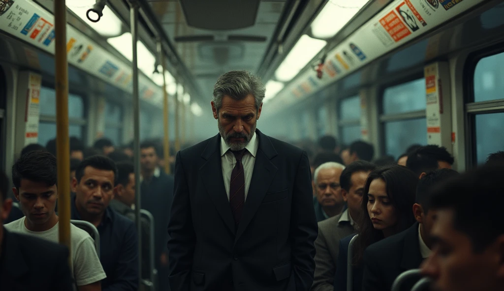Crowded Commute**: A man standing in a crowded bus or train, holding onto a handrail, lost in thought.