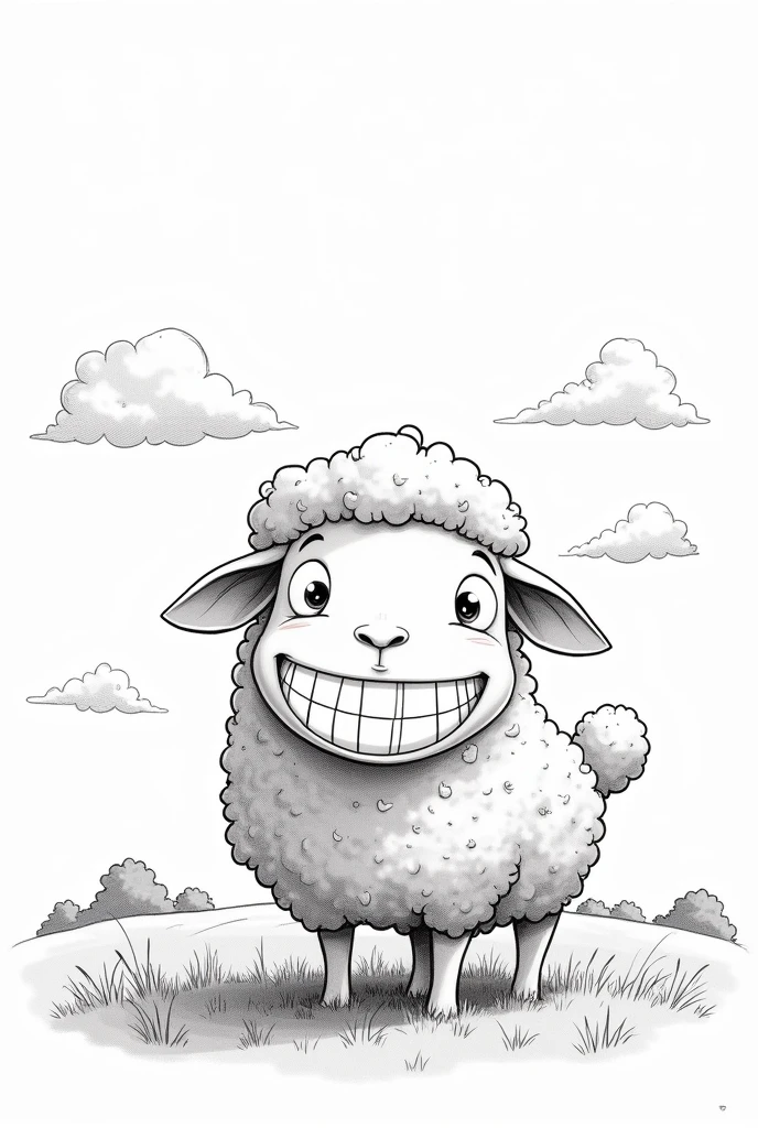 a sheep, huge tender smile, big teeth, over grass, clouds in the sky, outlined sketch, black and white only