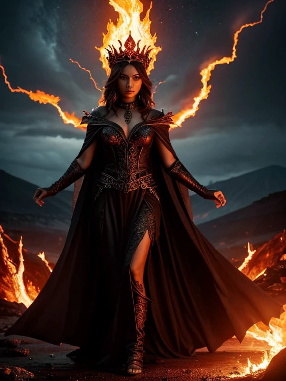 A breathtaking scene of the goddess of hell, Hecate, emerging from the fiery maw of an erupting volcano. Her ethereal form, a blend of shadow and molten lava, towers over the smoldering landscape, with arms outstretched and a crown of serpents writhing atop her fiery head. Her eyes, like twin embers, pierce the darkness, casting an eerie glow upon the billowing ash clouds that enshroud her. The volcano's crimson flares reflect off her obsidian skin, highlighting intricate patterns of glowing embers that trace the curves of her powerful body. The volcanic ash billows around her, swirling in a whirlwind of fiery destruction and rebirth, revealing a cloak made of the very fabric of the earth's core. In one hand, she wields a torch that sizzles and crackles with hellish flames, symbolizing her dominion over the underworld. The other hand clutches a skull-topped staff, a grim reminder of her role as the guide of souls through the realms of the dead. The volcano's lava flows like a river of blood at her feet, and the ground beneath her trembles with each step she takes. The sky is a tumultuous canvas of fiery oranges and deep purples, with lightning bolts streaking across the heavens, echoing the chaos of her dramatic appearance. In the foreground, petrified figures of once-brave souls stand frozen in awe and terror, their expressions captured in the moment of her terrifying revelation. The overall atmosphere is one of unbridled power and primal fear, a stark contrast to the beauty and grace of the goddess herself. The scene is so vivid and intense, one can almost feel the heat and hear the thunderous roar of the volcano as it gives birth to this terrifying yet mesmerizing deity.