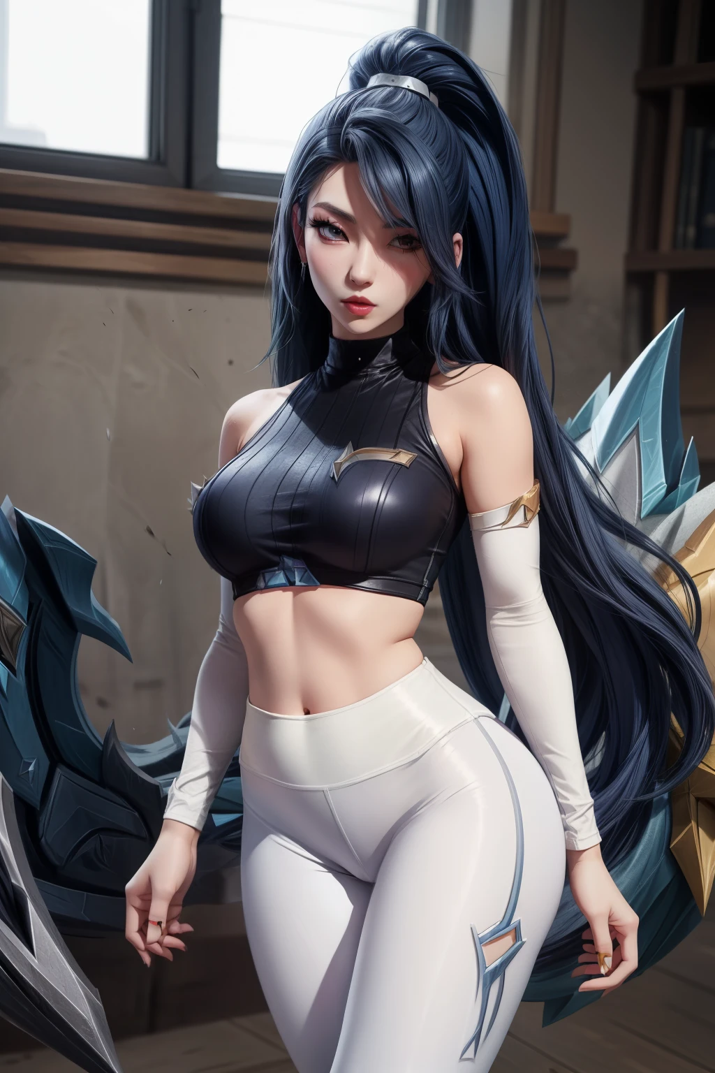 (K/GIVES all out Kai'sa), League of Legends, K/GIVES \(League of Legends\), ((white leggings)), defined body, seducing gaze, posse sexy