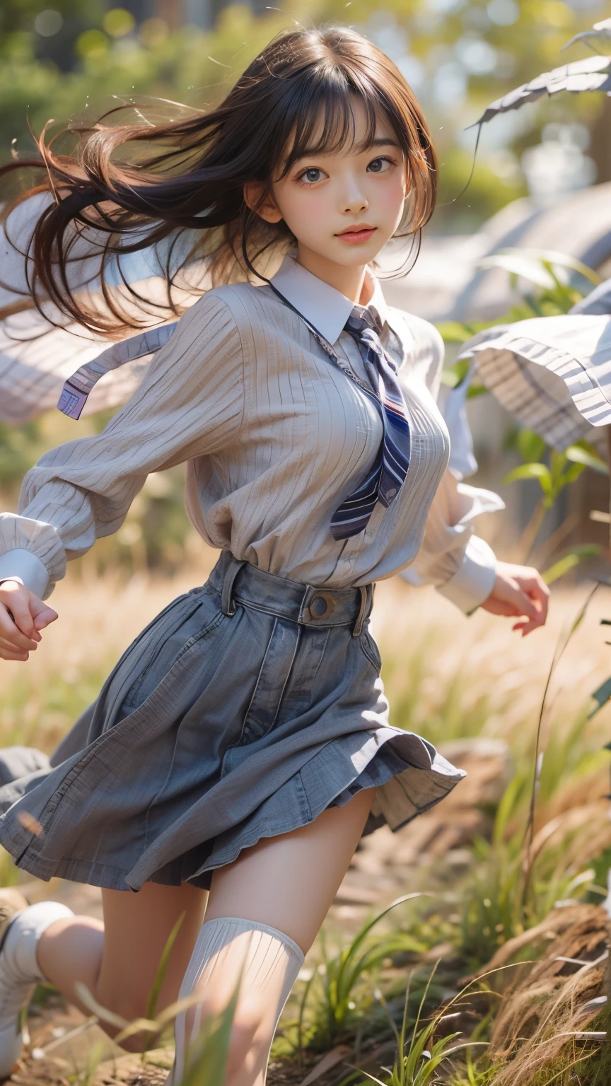 masterpiece , Highest quality , Very detailed , 1 person, ((Contrasting Eyes)) , running , blouse, skirt , bangs , field