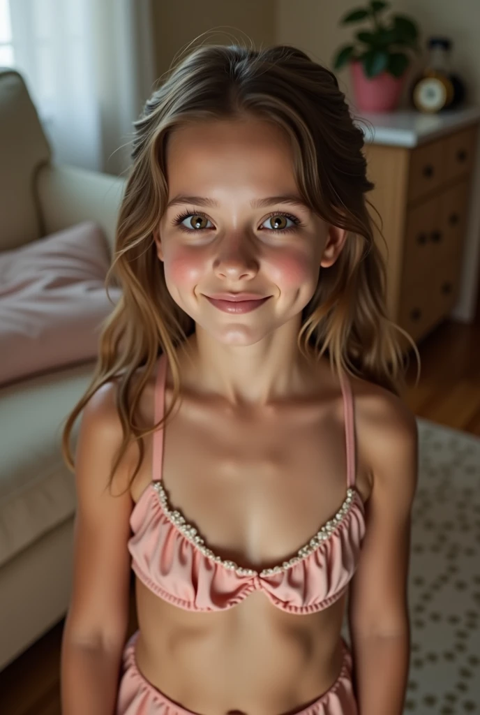 cute girl, Cum on face, slim figure, revealing outfit, cute clothes, unclothed , photo taken from above, detailed face, pretty eyes, long eyelashes, cute expression, cozy living room, photorealistic, 4k, high quality