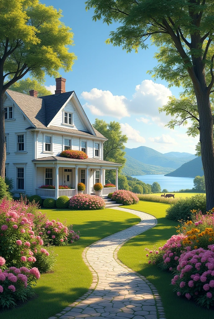 Huge country-style white house with flowers in the windows and on the porch. To get there, there is a stone road with grass everywhere and trees with pink flowers and bushes with yellow flowers and the house with a huge lake. The house is on a farm full of animals.