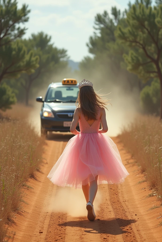 one , wearing a tiara and a pink dress, is running towards a modern popular model taxi, that is on the dirt road in front of you, also following the same path. Both are being seen from behind. The taxi is ahead, kicking up dust as it moves away from . The road is dirt and there are some scattered araucaria trees on the sides., setting the scene in the Serra Gaúcha
