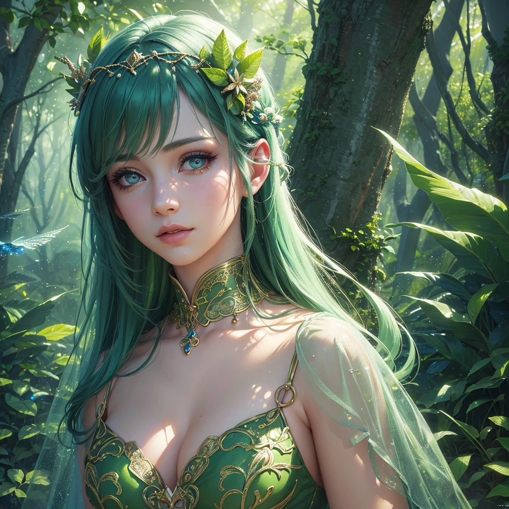 1girl, beautiful detailed eyes, beautiful detailed lips, extremely detailed eyes and face, long eyelashes, forest, mysterious, magical girl, fairy, green hair, red eyes, leaf hair accessory, cute green lace dress, talking to birds, glittering scenery, (best quality,4k,8k,highres,masterpiece:1.2),ultra-detailed,(realistic,photorealistic,photo-realistic:1.37),fantasy,digital painting,concept art,intricate details,vibrant colors,dramatic lighting,ethereal