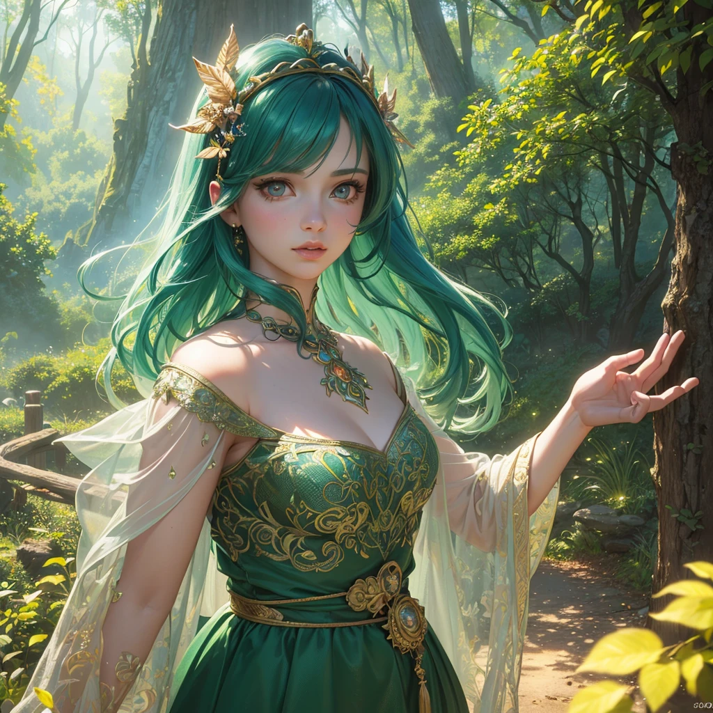 1girl, beautiful detailed eyes, beautiful detailed lips, extremely detailed eyes and face, long eyelashes, forest, mysterious, magical girl, fairy, green hair, red eyes, leaf hair accessory, cute green lace dress, talking to birds, glittering scenery, (best quality,4k,8k,highres,masterpiece:1.2),ultra-detailed,(realistic,photorealistic,photo-realistic:1.37),fantasy,digital painting,concept art,intricate details,vibrant colors,dramatic lighting,ethereal