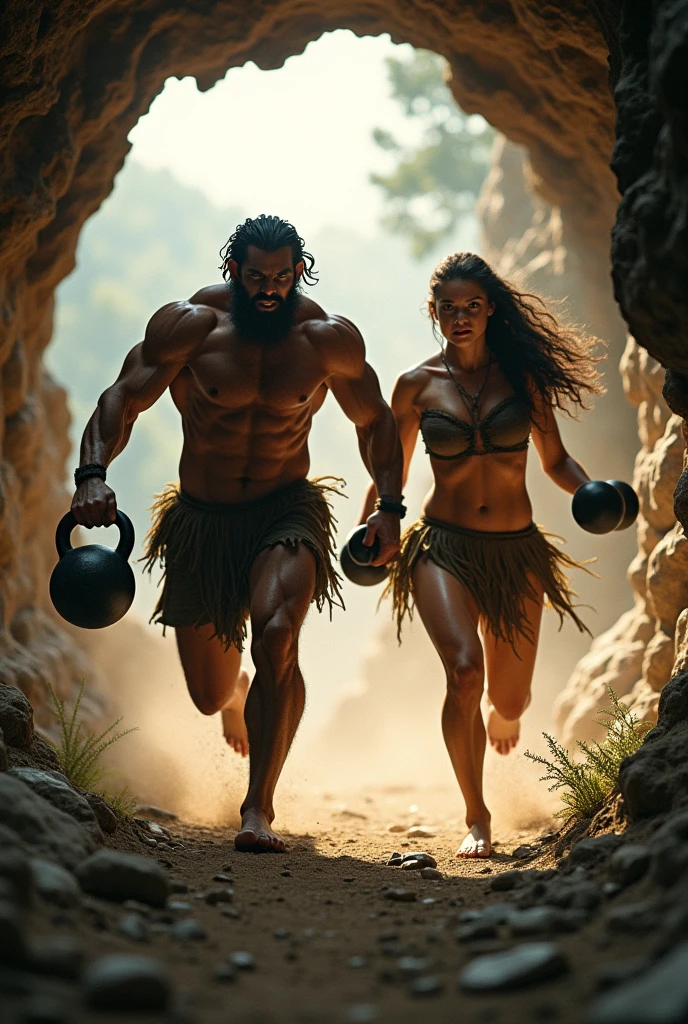 Muscular primitive man and woman running out of a cave head on.
He with a kettlebell in his hand and she with a dumbbell in her hand