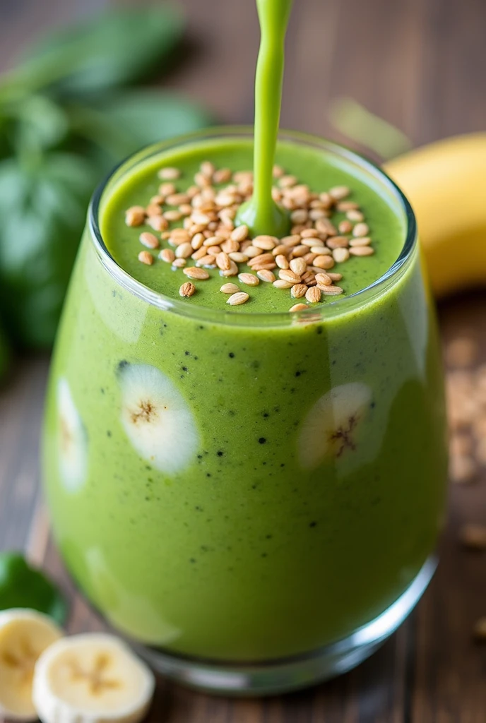 Create an image of this recipe: Banana and Spinach Smoothie Ingredients:
- Banana: 1 unit (ca.. 120 g)
- Fresh spinach: 50 g - Almond milk: 200 ml - Honey: 10 g (Optional)
- Flax seeds: 10 g Preparation:
1. Peel and cut the banana into slices.
2. In a blender, combine the banana, spinach and almond milk.
3. Blend until smooth.
4. Add honey to taste, if you wish, and mix again.
5. Serve the smoothie in a glass and sprinkle with flax seeds..