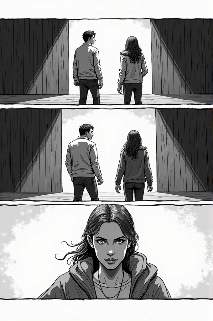 Four individuals, brought together by an unexpected event, stand in a dimly lit room. Each carries a secret that weighs heavily on their conscience. Describe their journey leading up to this moment, and what they plan to do next to confront the truth that binds them togethe, black and white line drawing storyboard