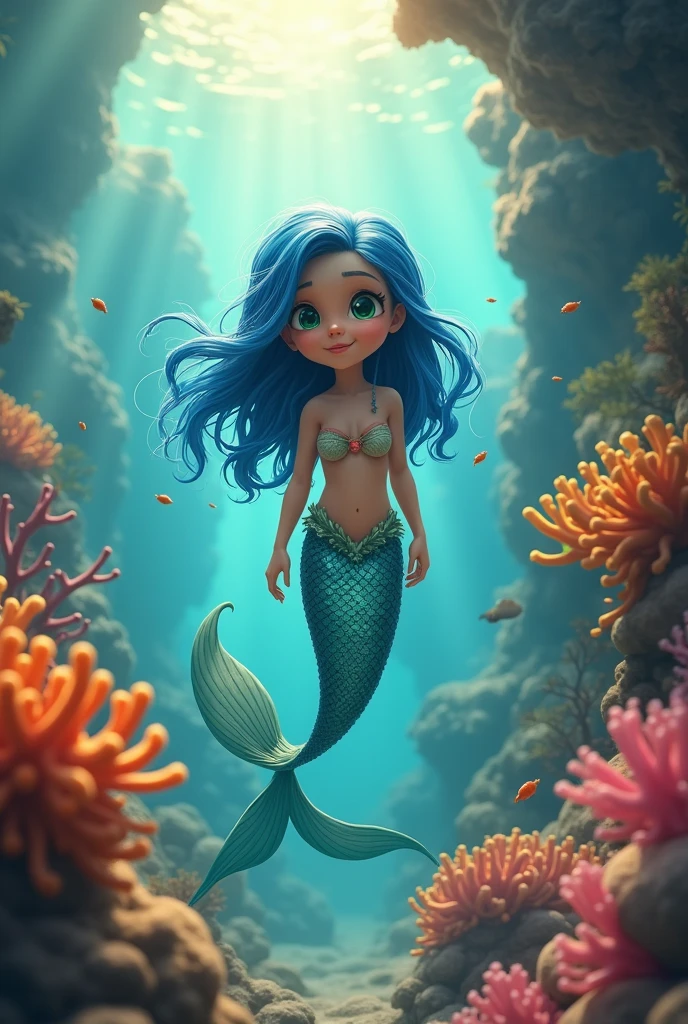 The young little mermaid blue hair bright green eyes, Blue tail Between the corals and clear rays of sun Pose facing forward Don&#39;t blur the background