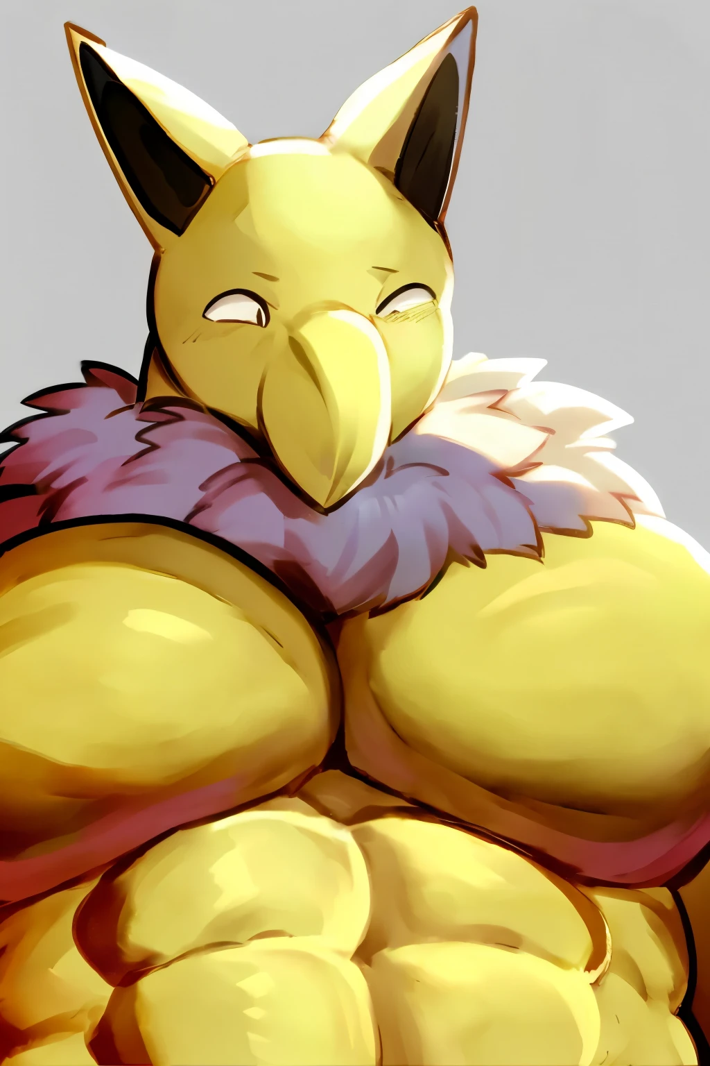 Furry, Anthro, solo, Hypno, Male, (((muscular body, massive male pectorals, yellow skin, fluffy neck, wearing white fur around neck))), ((((massive biceps, wide-eyed, head tilted, upshot pecs)))), ((((((massive bulky torso)))))), naked, upper body, black/yellow spraypainted background, by buta99, by zackary911, by bebebebebe, (((digital painting)))