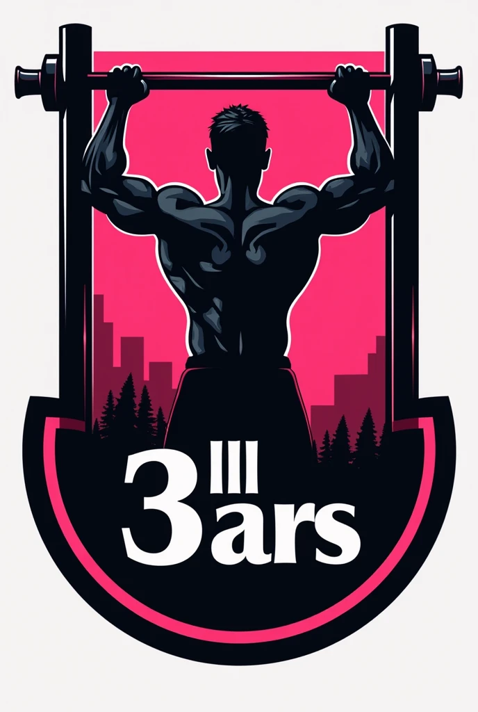 emblem of a football club called 3 bars, created in 2024, with the colors black and pink, use a man doing pull-ups, and written lll bars