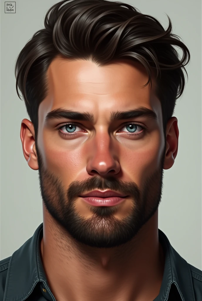 1 man, Realistic style, head on, brunette, black fur, light blue eyes, beautiful, hair more or less short on the sides but long on top