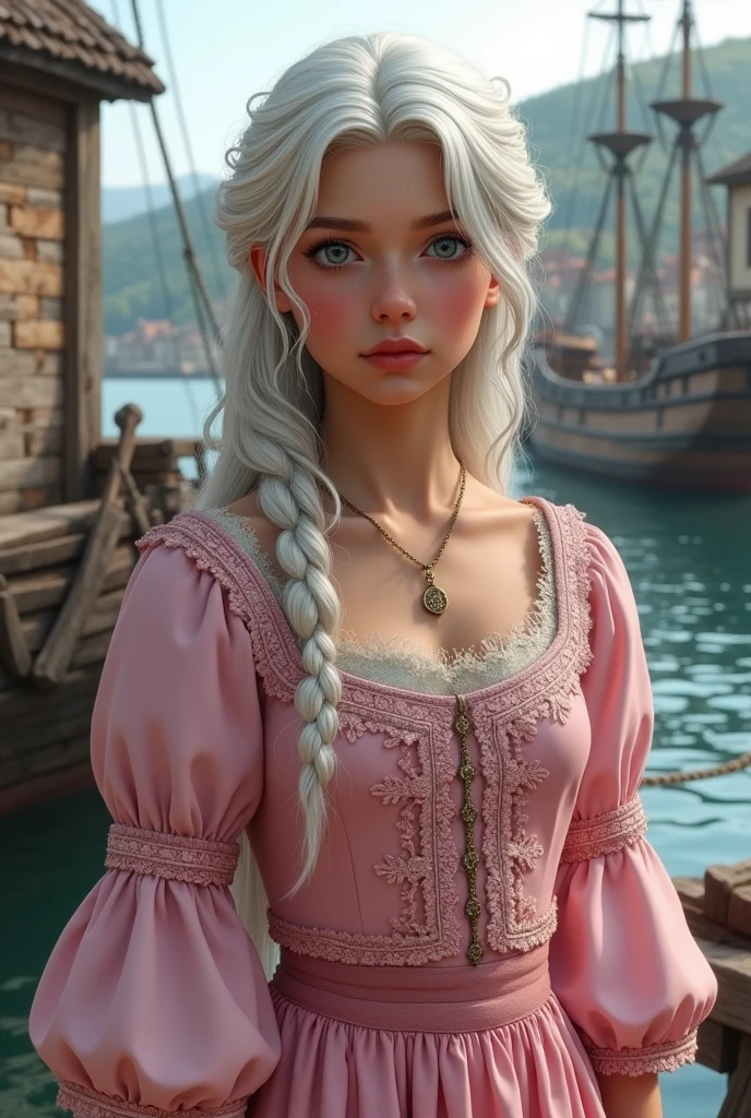 Make a realistic image of a 1 girl tanned skin , white hair and blue-gray eyes.
She is wearing a pink medieval dress, and is in a medieval maritime setting.